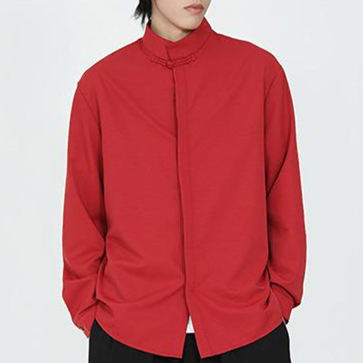 Buddha Stones Solid Color One Frog-Button Long Sleeve Cotton Men's Shirt - image 14