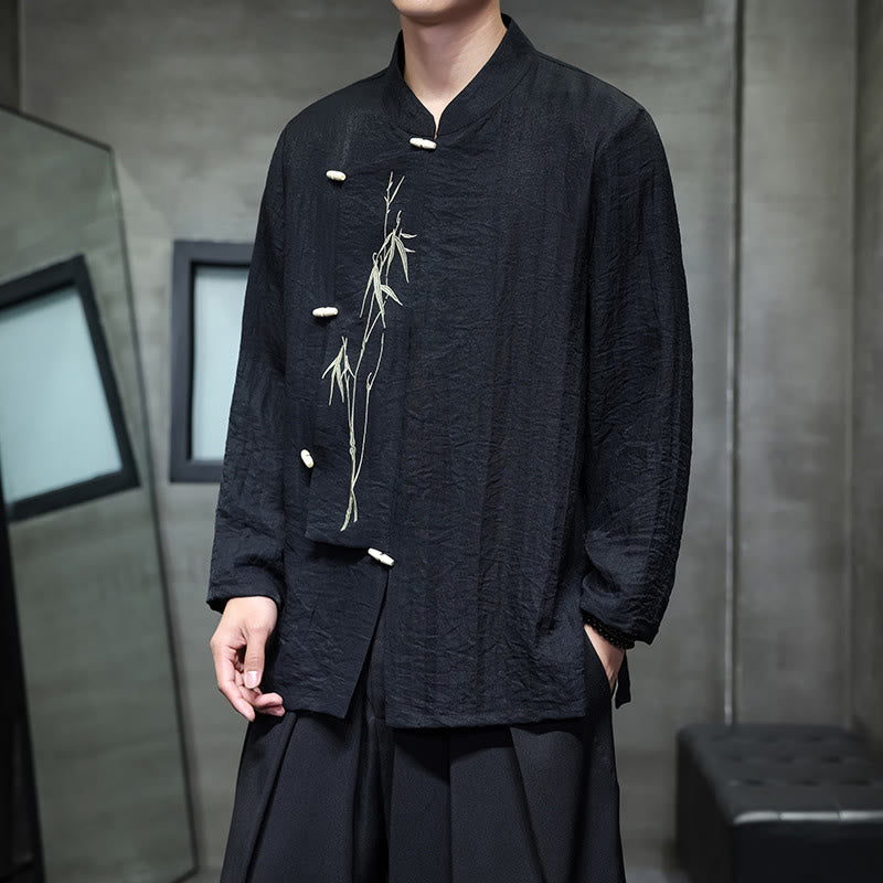 Buddha Stones Fall Solid Color Bamboo Leaf Embroidery Men's Long Sleeve Cotton Linen Shirt - Black - US/UK/AU46，EU56 (5XL) - image 16