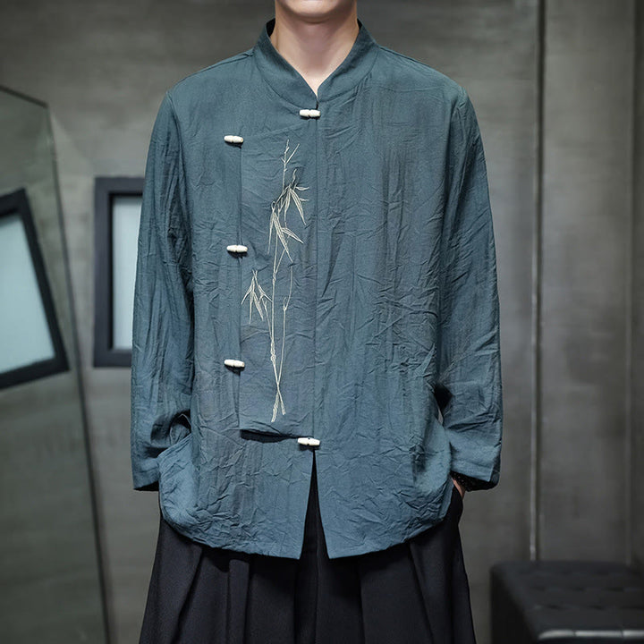 Buddha Stones Fall Solid Color Bamboo Leaf Embroidery Men's Long Sleeve Cotton Linen Shirt - Teal - US/UK/AU46，EU56 (5XL) - image 21