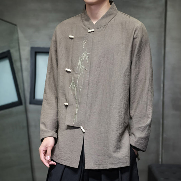 Buddha Stones Fall Solid Color Bamboo Leaf Embroidery Men's Long Sleeve Cotton Linen Shirt - image 4