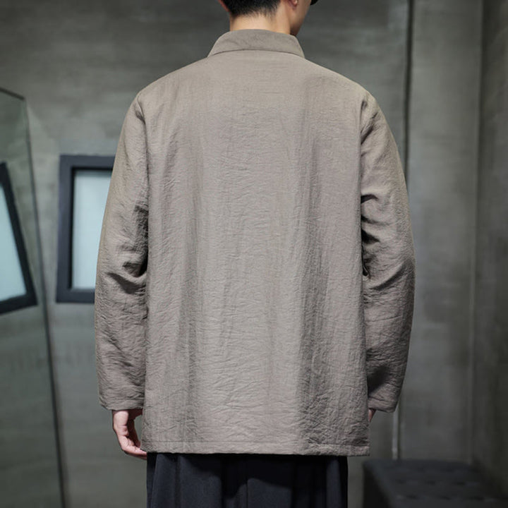 Buddha Stones Fall Solid Color Bamboo Leaf Embroidery Men's Long Sleeve Cotton Linen Shirt - image 3