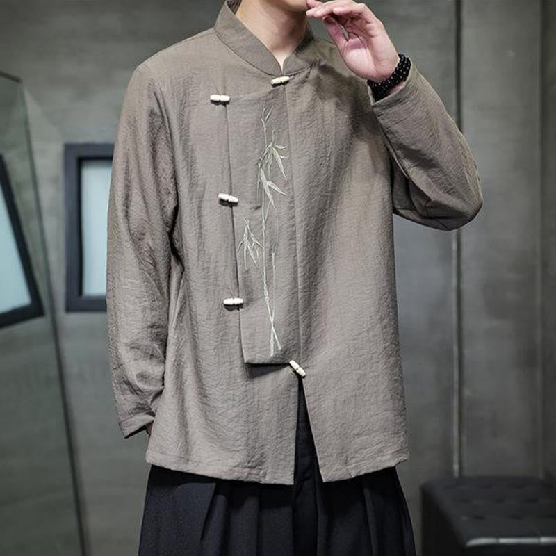 Buddha Stones Fall Solid Color Bamboo Leaf Embroidery Men's Long Sleeve Cotton Linen Shirt - image 5