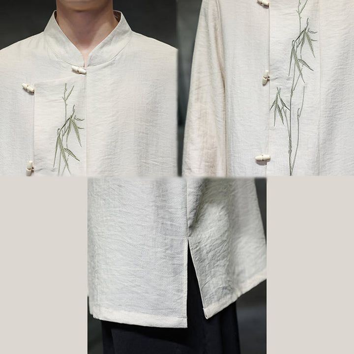 Buddha Stones Fall Solid Color Bamboo Leaf Embroidery Men's Long Sleeve Cotton Linen Shirt - image 15