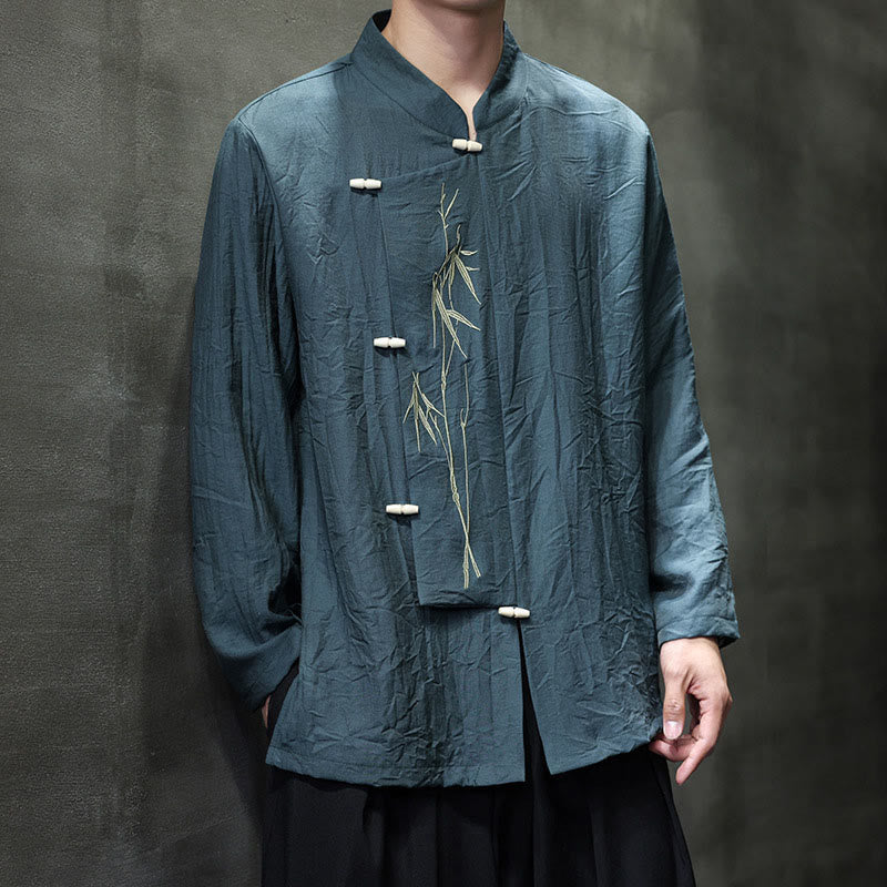 Buddha Stones Fall Solid Color Bamboo Leaf Embroidery Men's Long Sleeve Cotton Linen Shirt - image 23