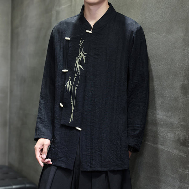 Buddha Stones Fall Solid Color Bamboo Leaf Embroidery Men's Long Sleeve Cotton Linen Shirt - image 20