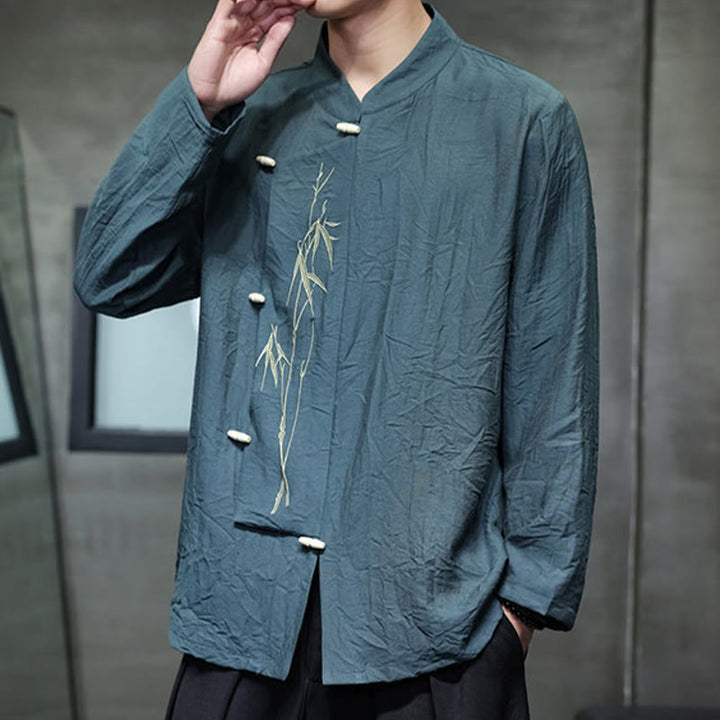 Buddha Stones Fall Solid Color Bamboo Leaf Embroidery Men's Long Sleeve Cotton Linen Shirt - image 25