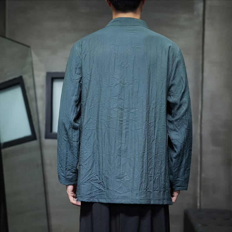 Buddha Stones Fall Solid Color Bamboo Leaf Embroidery Men's Long Sleeve Cotton Linen Shirt - image 24