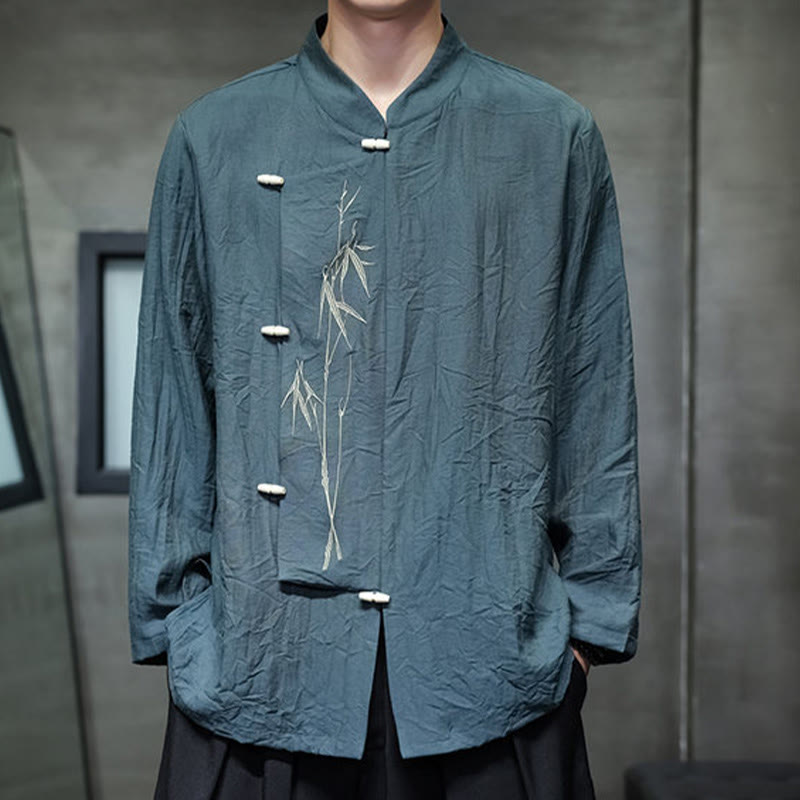 Buddha Stones Fall Solid Color Bamboo Leaf Embroidery Men's Long Sleeve Cotton Linen Shirt - image 22