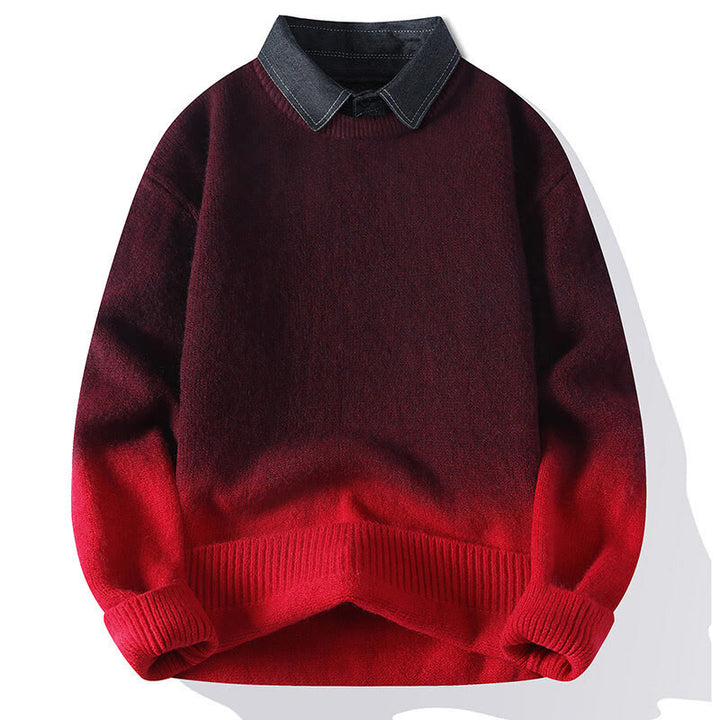 Buddha Stones Winter Stand Collar Gradient Color Design Warm Men's Long Sleeve Knitted Sweater - Red - US/UK/AU44，EU54 (4XL) - image 2