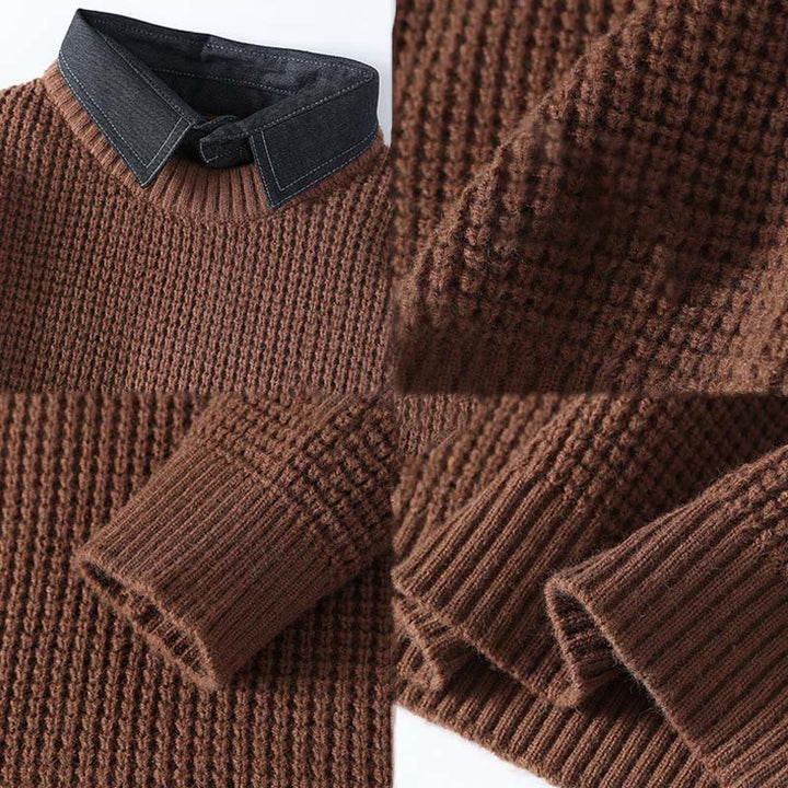Buddha Stones Winter Black Stand Collar Waffle Pattern Warm Men's Long Sleeve Knitted Sweater - image 5