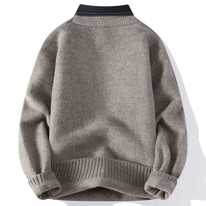 Buddha Stones Winter Black Stand Collar Plaid Pattern Warm Men's Long Sleeve Knitted Sweater - image 1