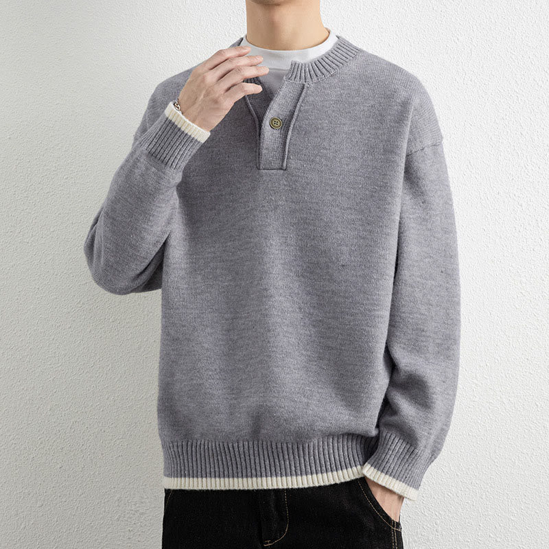 Buddha Stones Winter V-Neck One Button Design Warm Men's Long Sleeve Knitted Sweater - image 1