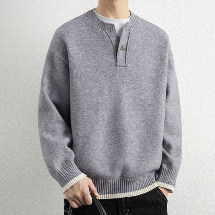 Buddha Stones Winter V-Neck One Button Design Warm Men's Long Sleeve Knitted Sweater - LightGrey - US/UK/AU44，EU54 (4XL) - image 0