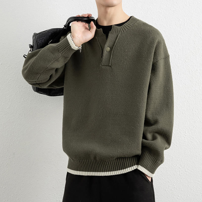 Buddha Stones Winter V-Neck One Button Design Warm Men's Long Sleeve Knitted Sweater - image 29