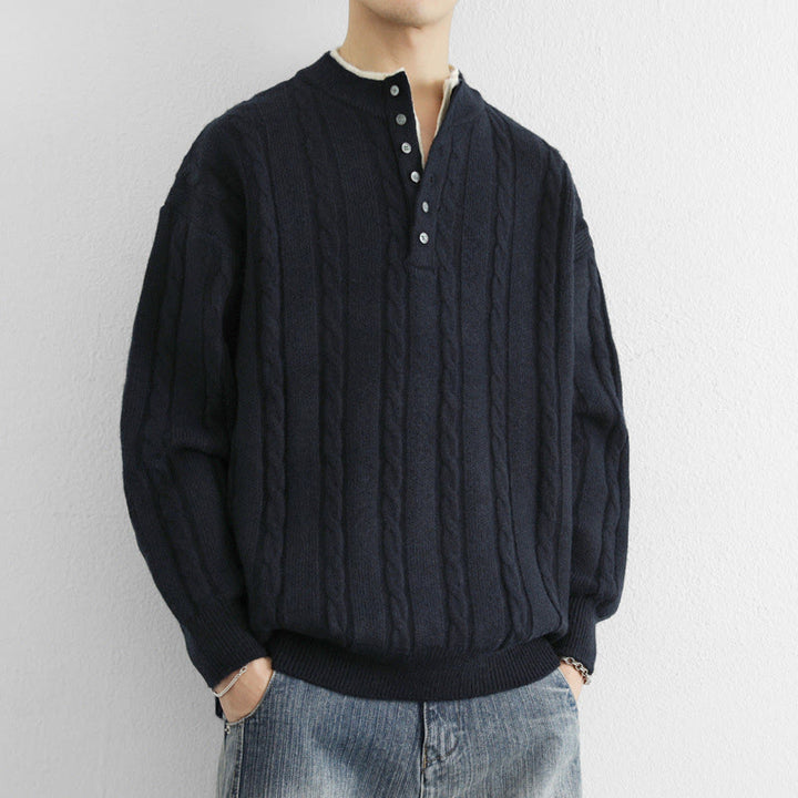 Buddha Stones Winter V-Neck Buttons Twisted Design Warm Men's Long Sleeve Knitted Sweater - image 1