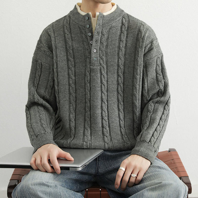 Buddha Stones Winter V-Neck Buttons Twisted Design Warm Men's Long Sleeve Knitted Sweater - image 11