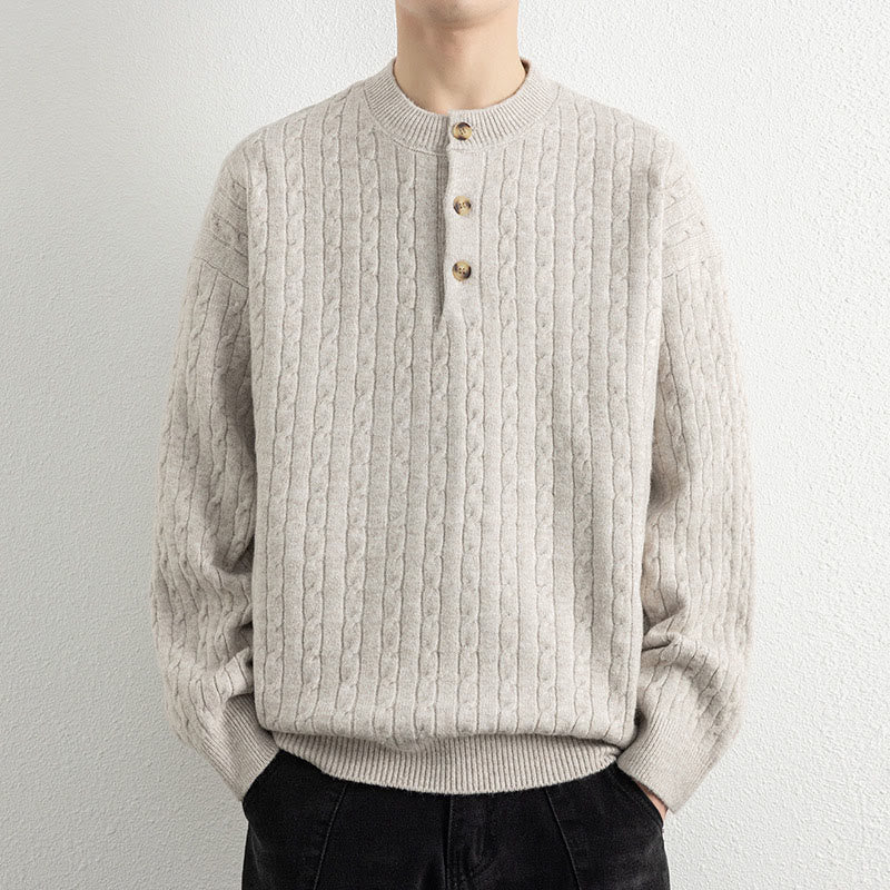 Buddha Stones Winter Crew Neck Three Buttons Twisted Design Warm Men's Long Sleeve Knitted Sweater - Linen - US/UK/AU42，EU52 (3XL) - image 0