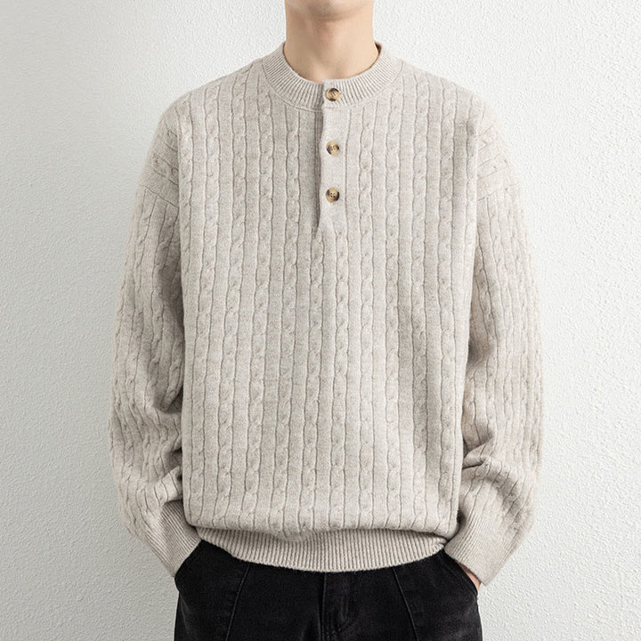 Buddha Stones Winter Crew Neck Three Buttons Twisted Design Warm Men's Long Sleeve Knitted Sweater - Linen - US/UK/AU42，EU52 (3XL) - image 0
