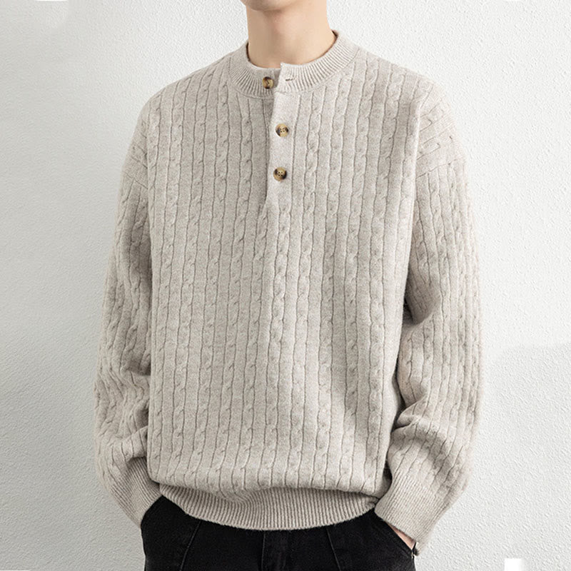 Buddha Stones Winter Crew Neck Three Buttons Twisted Design Warm Men's Long Sleeve Knitted Sweater - image 1