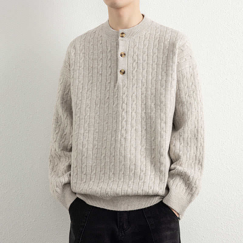 Buddha Stones Winter Crew Neck Three Buttons Twisted Design Warm Men's Long Sleeve Knitted Sweater - image 3