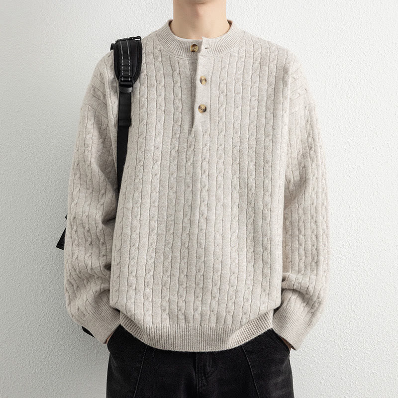Buddha Stones Winter Crew Neck Three Buttons Twisted Design Warm Men's Long Sleeve Knitted Sweater - image 4