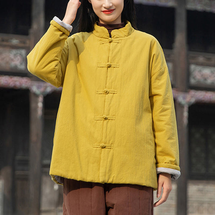 Buddha Stones Winter Solid Frog-Button Long Sleeve Cotton Women's Thermal Jacket With Pockets - image 1