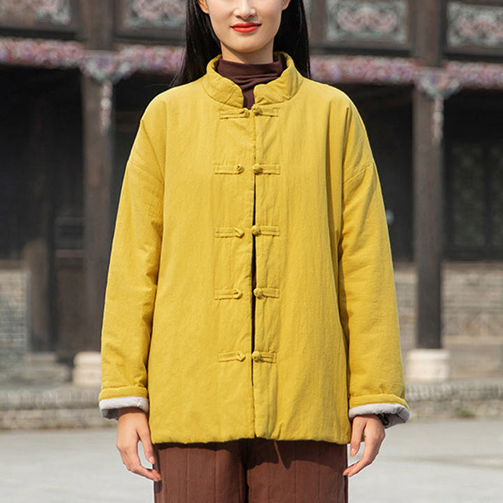 Buddha Stones Winter Solid Frog-Button Long Sleeve Cotton Women's Thermal Jacket With Pockets - image 2