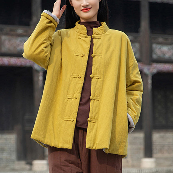 Buddha Stones Winter Solid Frog-Button Long Sleeve Cotton Women's Thermal Jacket With Pockets - image 4