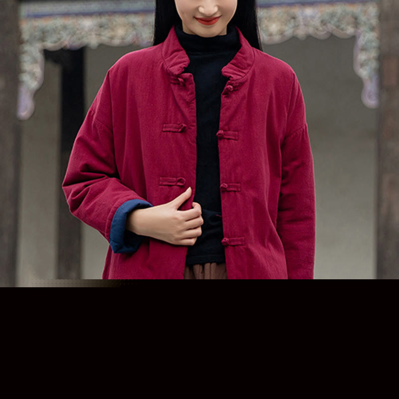 Buddha Stones Winter Solid Frog-Button Long Sleeve Cotton Women's Thermal Jacket With Pockets - FireBrick - US4-6，UK/AU8-10，EU36-38 (F) - image 18