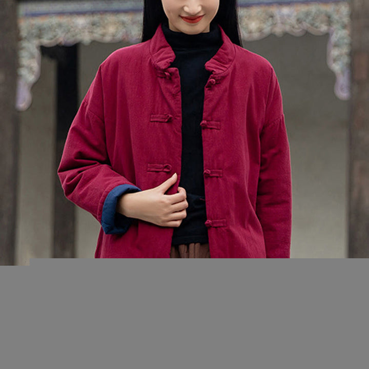 Buddha Stones Winter Solid Frog-Button Long Sleeve Cotton Women's Thermal Jacket With Pockets - FireBrick - US4-6，UK/AU8-10，EU36-38 (F) - image 18