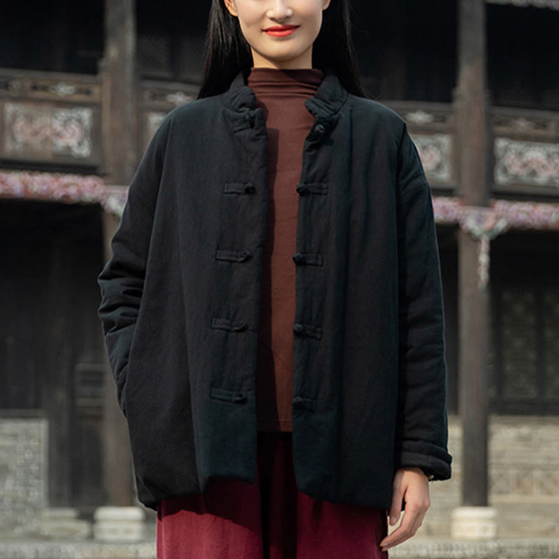 Buddha Stones Winter Solid Frog-Button Long Sleeve Cotton Women's Thermal Jacket With Pockets - Black - US4-6，UK/AU8-10，EU36-38 (F) - image 11