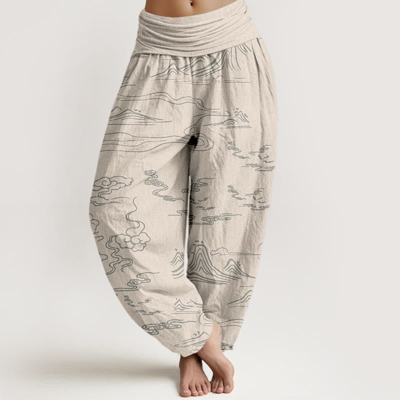 Buddha Stones Cotton Mountain Moon Auspicious Clouds Pattern Women's Elastic Waist Harem Pants - Beige - US22，UK/AU26，EU54 (6XL) - image 7