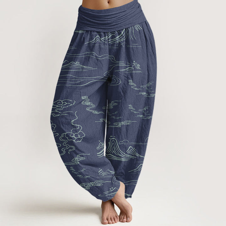 Buddha Stones Pure Cotton Mountain Moon Auspicious Clouds Pattern Women's Elastic Waist Harem Pants - SteelBlue - US22，UK/AU26，EU54 (6XL) - image 5