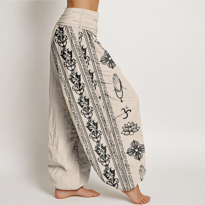 Buddha Stones Pure Cotton Lotus Flowers Double Dorje Vajra Namaste Om Design Women's Elastic Waist Harem Pants - image 13