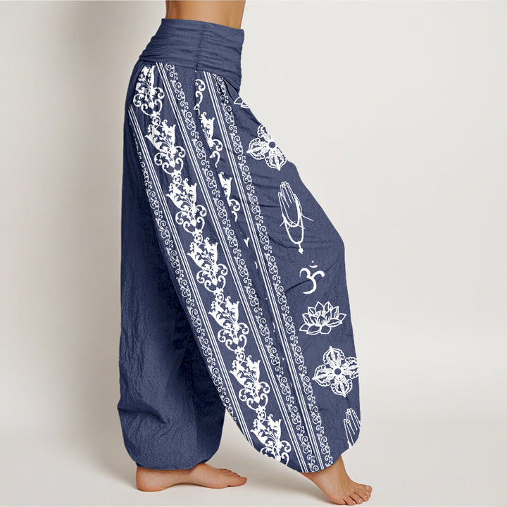 Buddha Stones Cotton Lotus Flowers Double Dorje Vajra Namaste Om Design Women's Elastic Waist Harem Pants - image 13