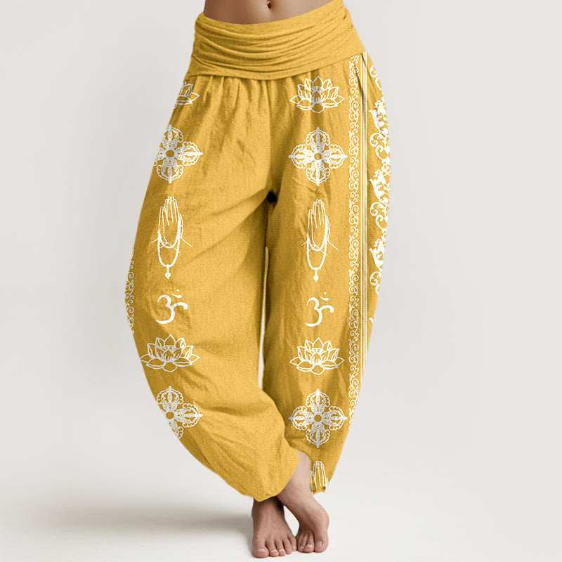 Buddha Stones Pure Cotton Lotus Flowers Double Dorje Vajra Namaste Om Design Women's Elastic Waist Harem Pants - Gold - US22，UK/AU26，EU54 (6XL) - image 14