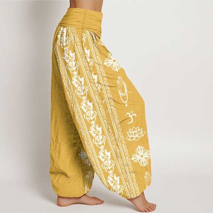 Buddha Stones Cotton Lotus Flowers Double Dorje Vajra Namaste Om Design Women's Elastic Waist Harem Pants - image 19