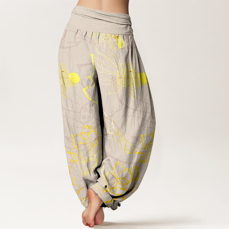 Buddha Stones Cotton Lotus Leaf Koi Fish Women's Elastic Waist Harem Pants - image 9