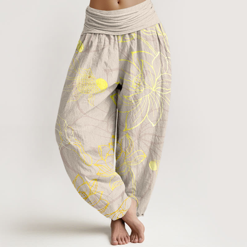 Buddha Stones Cotton Lotus Leaf Koi Fish Women's Elastic Waist Harem Pants - Beige - US22，UK/AU26，EU54 (6XL) - image 7