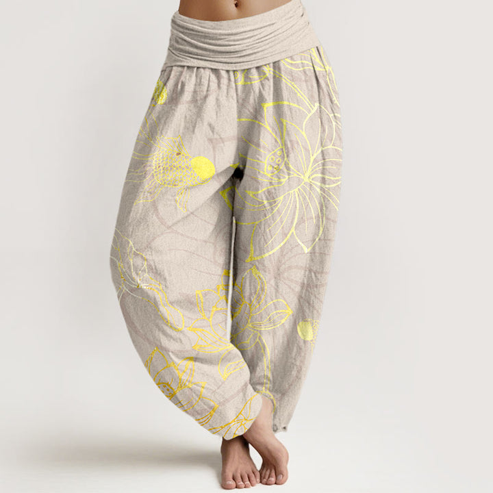 Buddha Stones Cotton Lotus Leaf Koi Fish Women's Elastic Waist Harem Pants - Beige - US22，UK/AU26，EU54 (6XL) - image 7