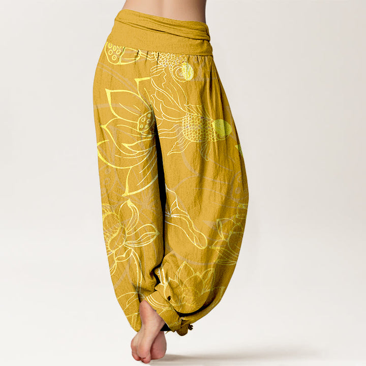 Buddha Stones Cotton Lotus Leaf Koi Fish Women's Elastic Waist Harem Pants - image 12