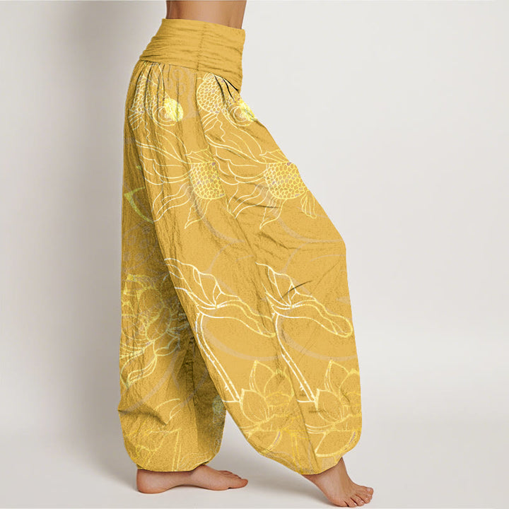Buddha Stones Cotton Lotus Leaf Koi Fish Women's Elastic Waist Harem Pants - image 11