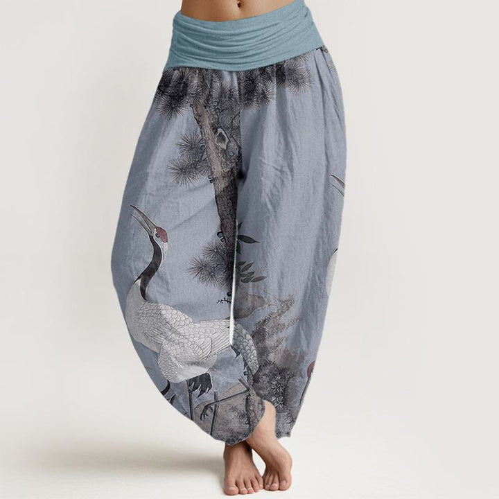 Buddha Stones Cotton Casual Red-crowned Crane Pine Tree Mountain Women's Elastic Waist Harem Pants - LightSteelBlue - US22，UK/AU26，EU54 (6XL) - image 7