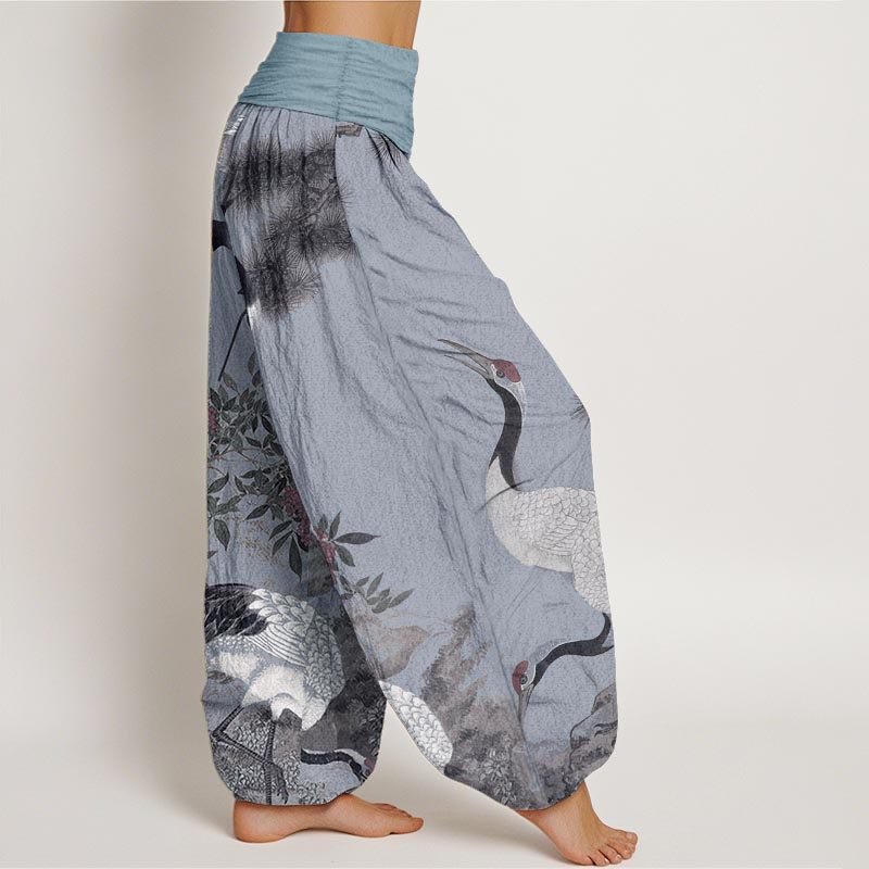 Buddha Stones Cotton Casual Red-crowned Crane Pine Tree Mountain Women's Elastic Waist Harem Pants - image 9