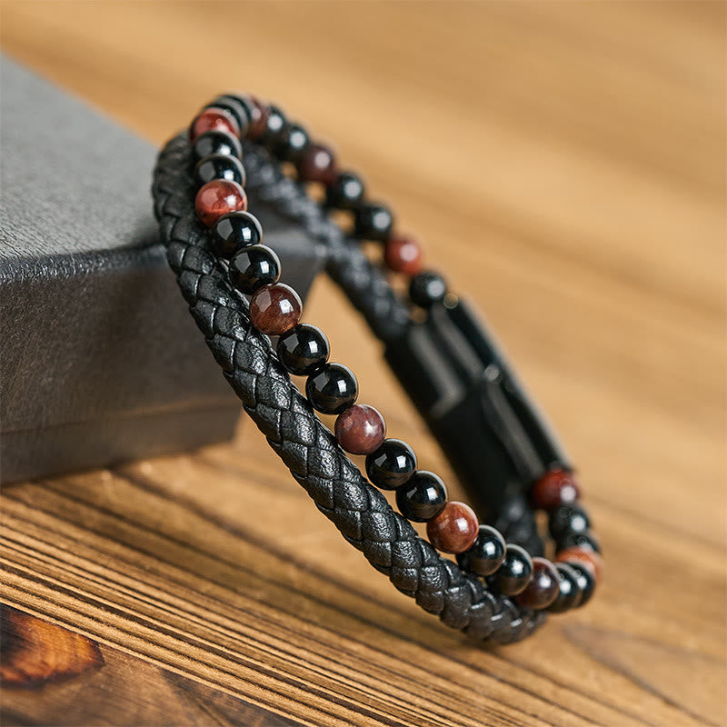 Buddha Stones Black Onyx Tiger Eye Titanium Steel Leather Protection Bracelet - image 2