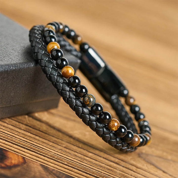 Buddha Stones Black Onyx Tiger Eye Titanium Steel Leather Protection Bracelet - image 11