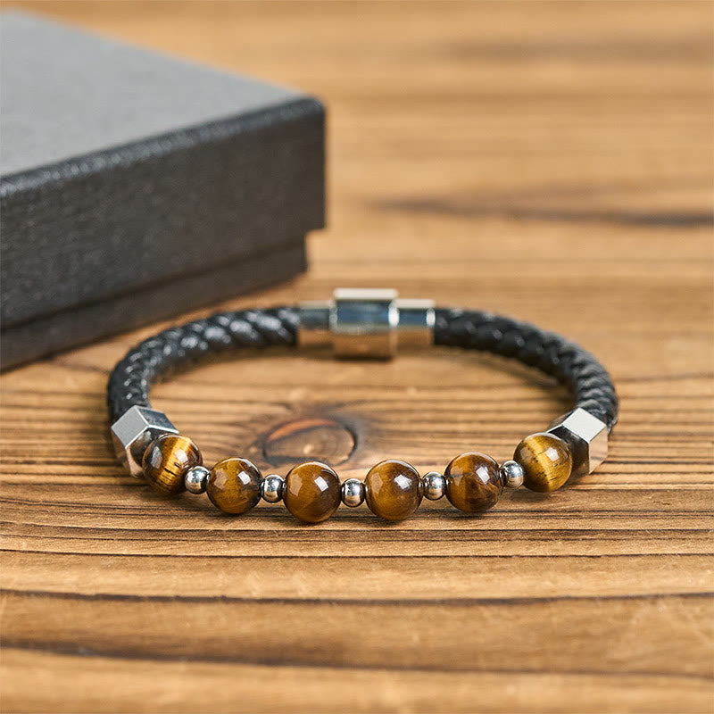 Buddha Stones Tiger Eye Titanium Steel Courage Balance Leather Bracelet - image 2