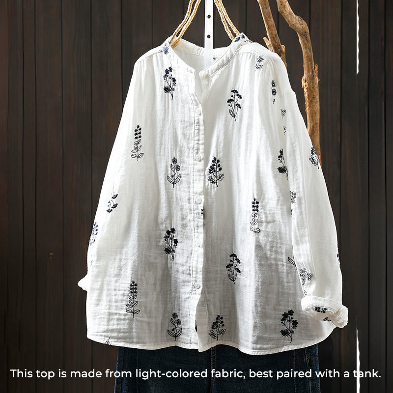 Buddha Stones Floral Embroidery Buttons Down Long Sleeve Women's Cotton Shirt - image 4