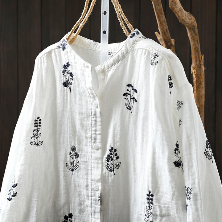 Buddha Stones Floral Embroidery Buttons Down Long Sleeve Women's Cotton Shirt - image 2