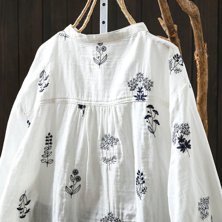Buddha Stones Floral Embroidery Buttons Down Long Sleeve Women's Cotton Shirt - image 3